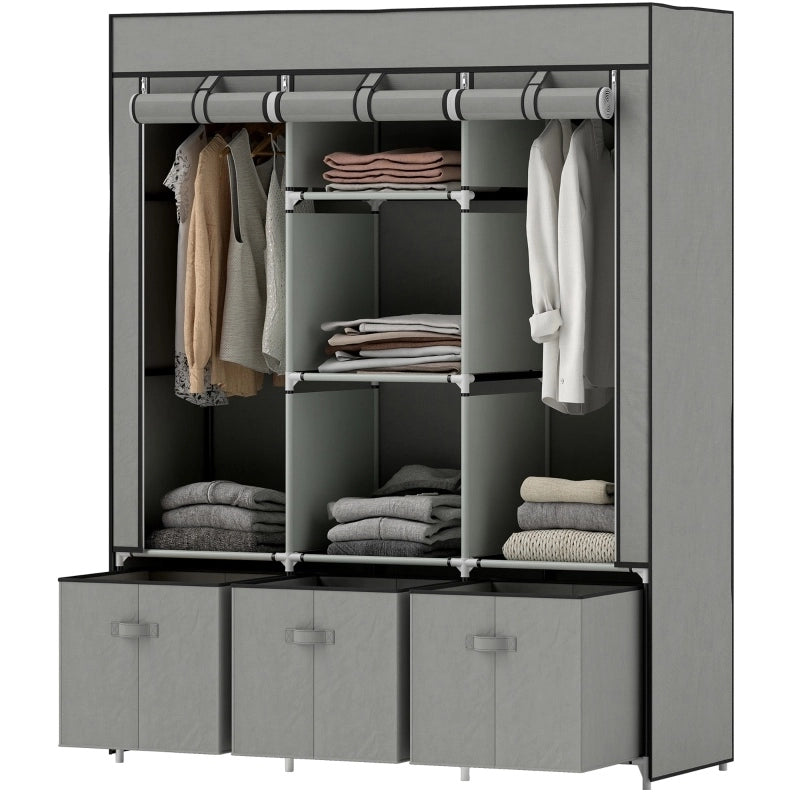 Armadio in tessuto con appendiabiti e cassetti, 125x43x162,5 cm, grigio chiaro