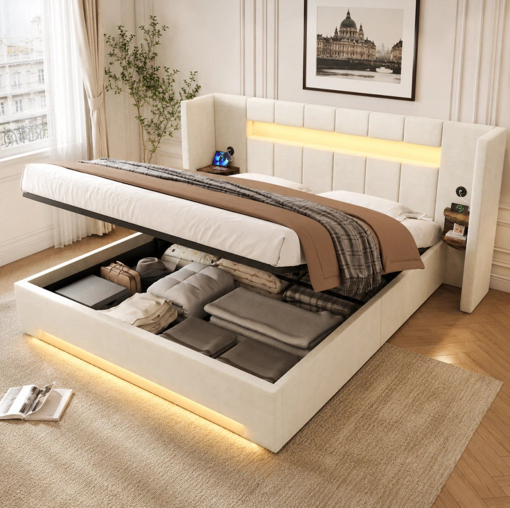 Letto con struttura in velluto 160x200 cm con testiera larga, doppi USB, armadietti retro, luci LED e grande contenitore sottostante con tessuto non tessuto