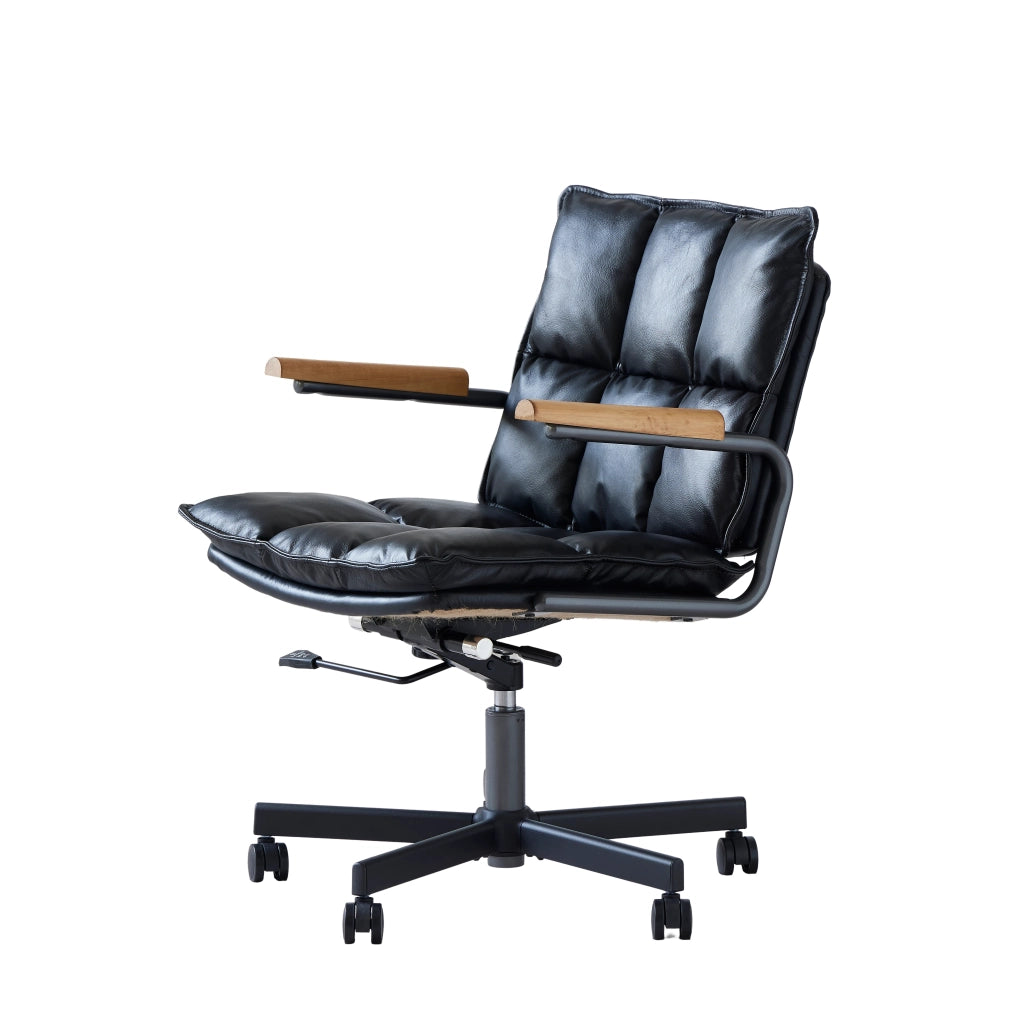 Sedia da ufficio in pelle con braccioli in legno, base girevole a 360° e ruote silenziose, struttura in metallo, colore nero