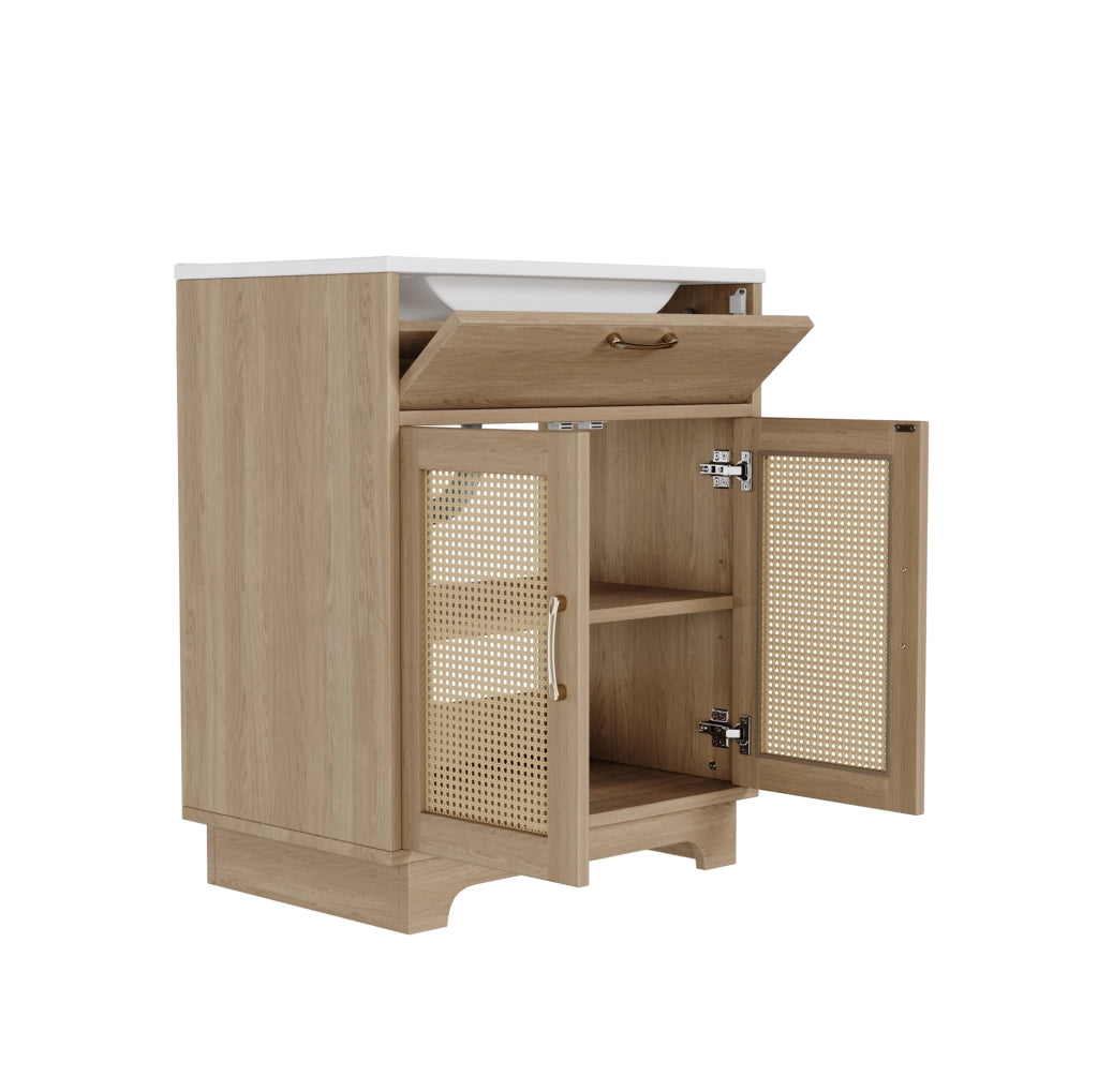 Mobile bagno 76x46x88 cm con lavabo in ceramica, struttura in MDF resistente all'umidità, ante a chiusura soft e dettagli in rattan naturali