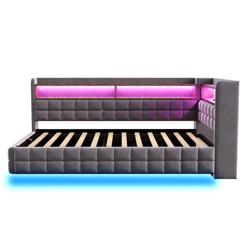 Divano letto imbottito 90x200 cm con vano idraulico; LED; prese USB e Type-C; mensole in legno; velluto grigio
