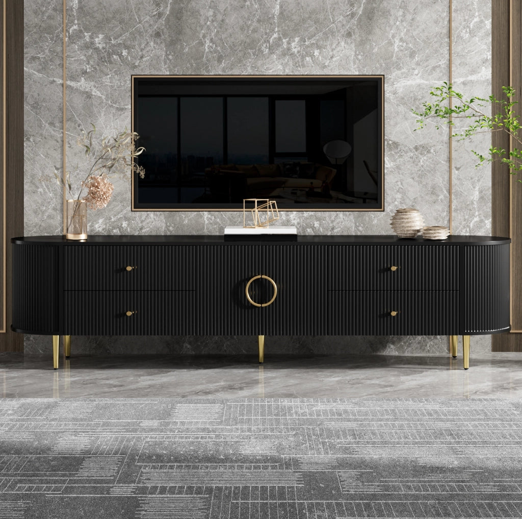 Mobile TV 180x40x38 cm con cassetti e ante ondulate in MDF nero