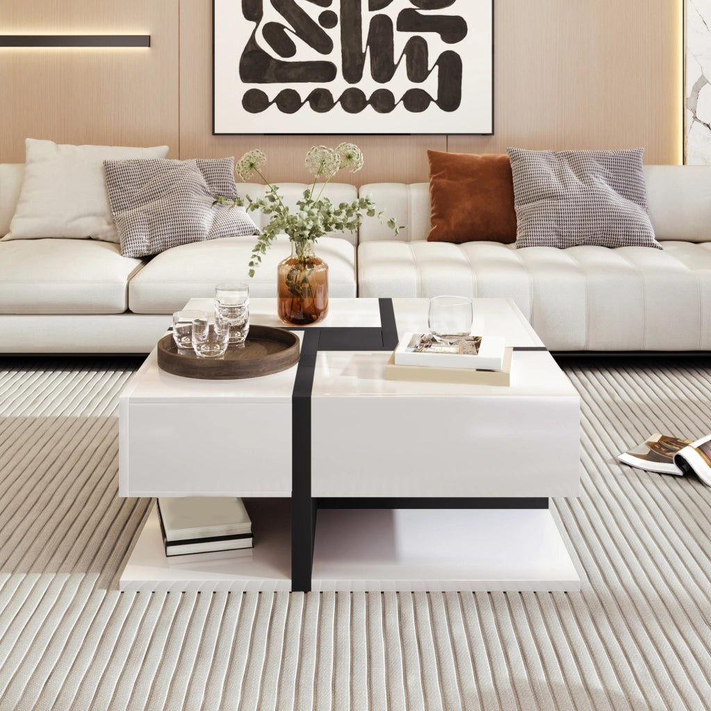 Tavolino da caffè quadrato lucido 78x78x36 cm con 4 cassetti e ripiano inferiore; bianco
