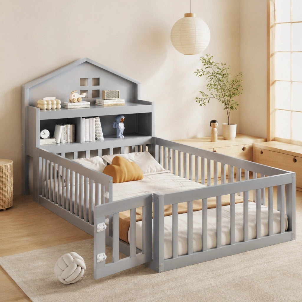 Letto per bambini a casetta 90 × 200 cm in legno grigio con rete a doghe protezione e vani contenitore