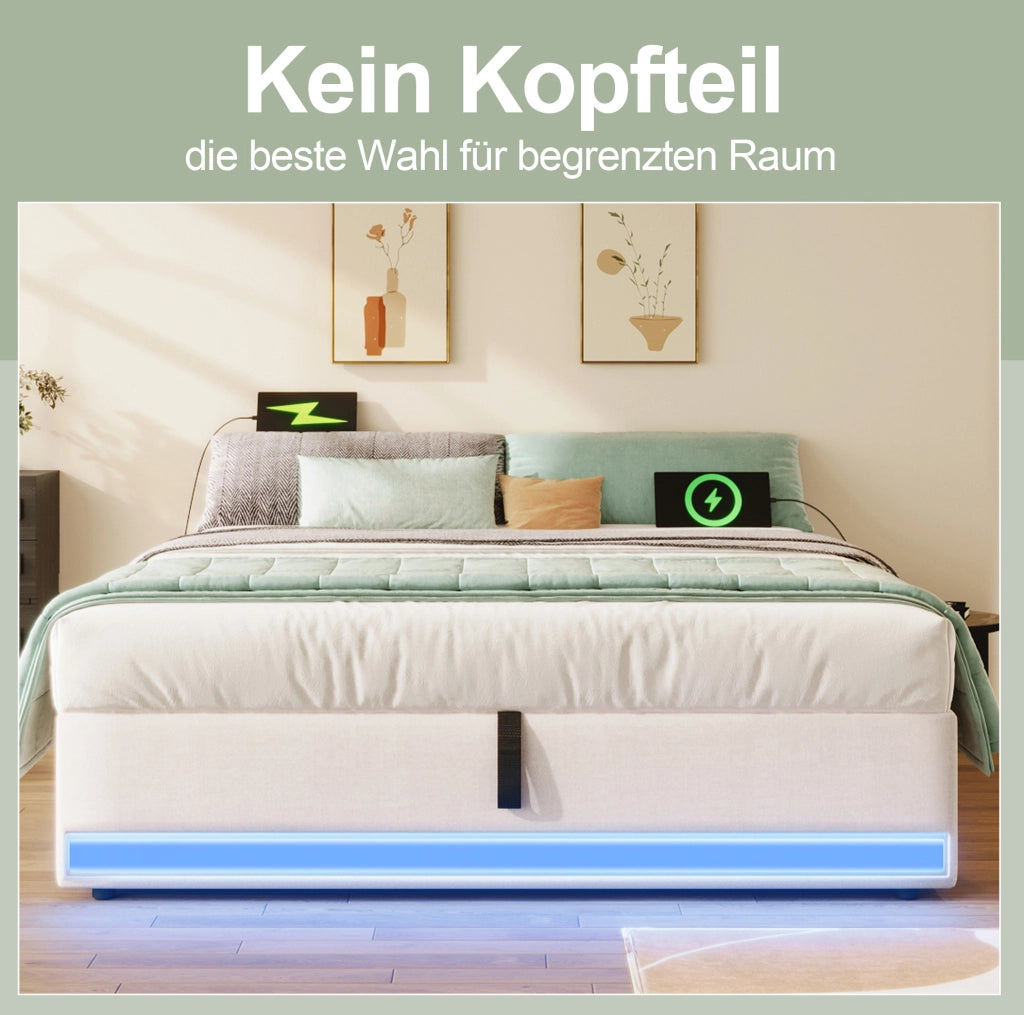 Letto imbottito 140x200 cm senza testiera con LED, USB e Type-C, contenitore idraulico, beige
