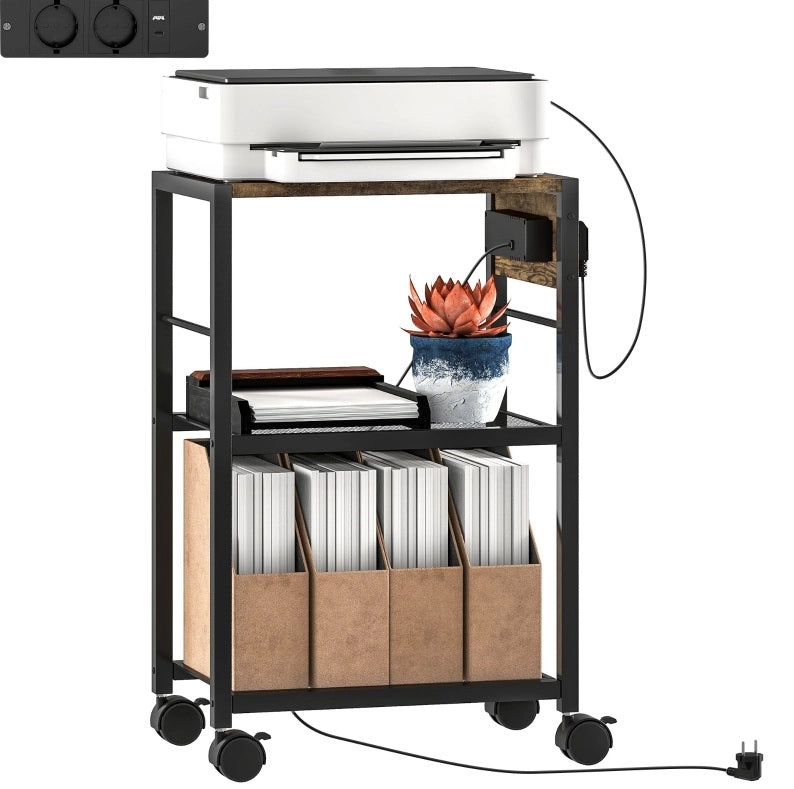 Supporto per stampante ULEVR 42x28x64,5 cm con 3 ripiani, prese elettriche USB e USB-C, ruote con freno, marrone rustico