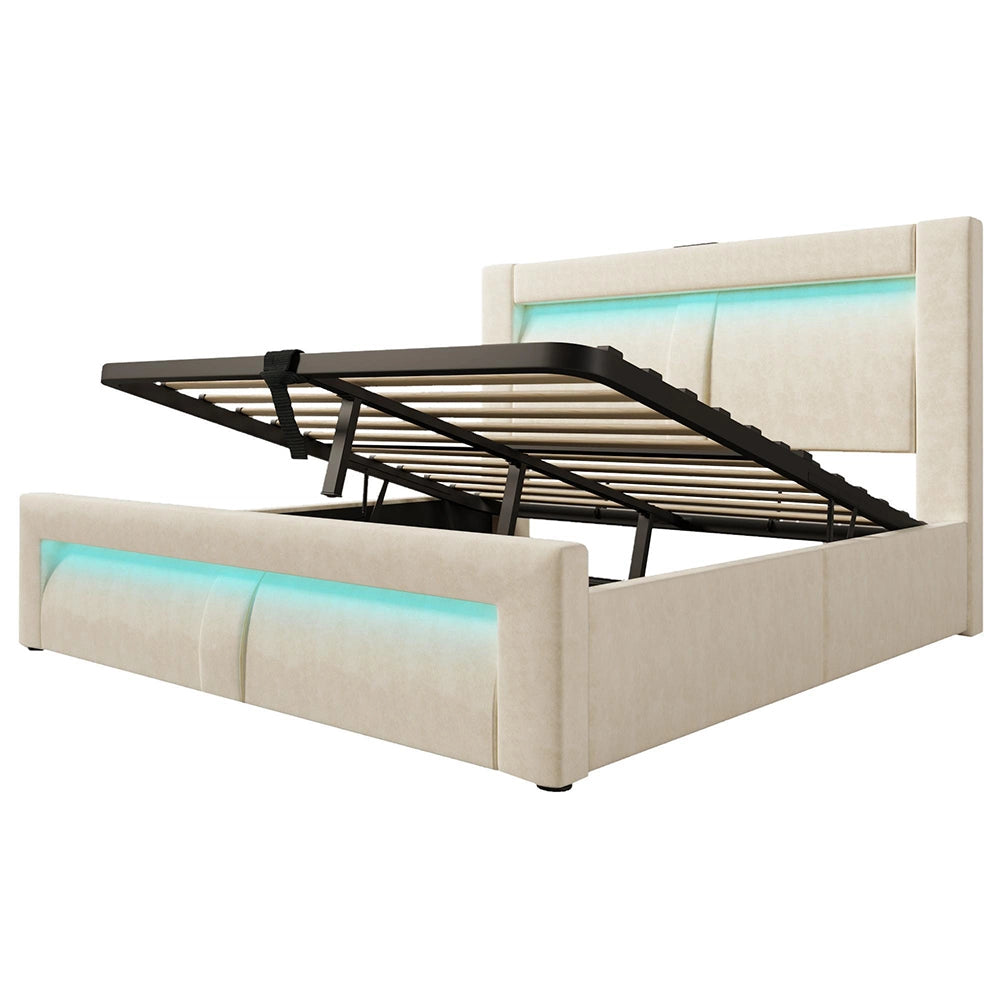 Letto matrimoniale-Xylo-160x200cm idraulico LED USB-C velluto beige