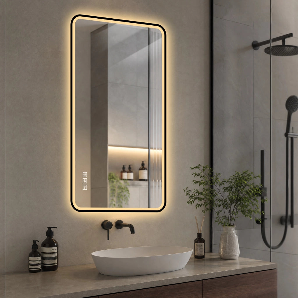 Specchio da bagno LED con cornice nera; luce frontale e posteriore; antiappannamento; dimmerabile; IP44