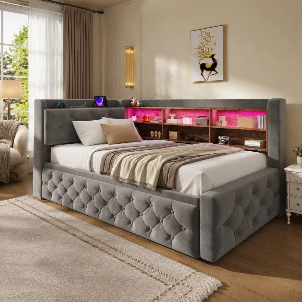 Divano letto estraibile 90x190 cm in velluto grigio scuro con LED e USB