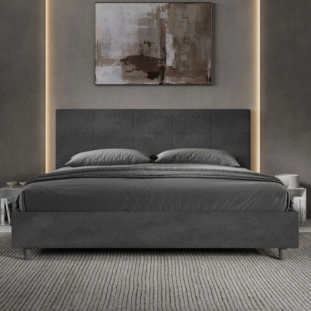 BS COM Letto matrimoniale king size senza rete imbottito 180x200 microfibra grigio