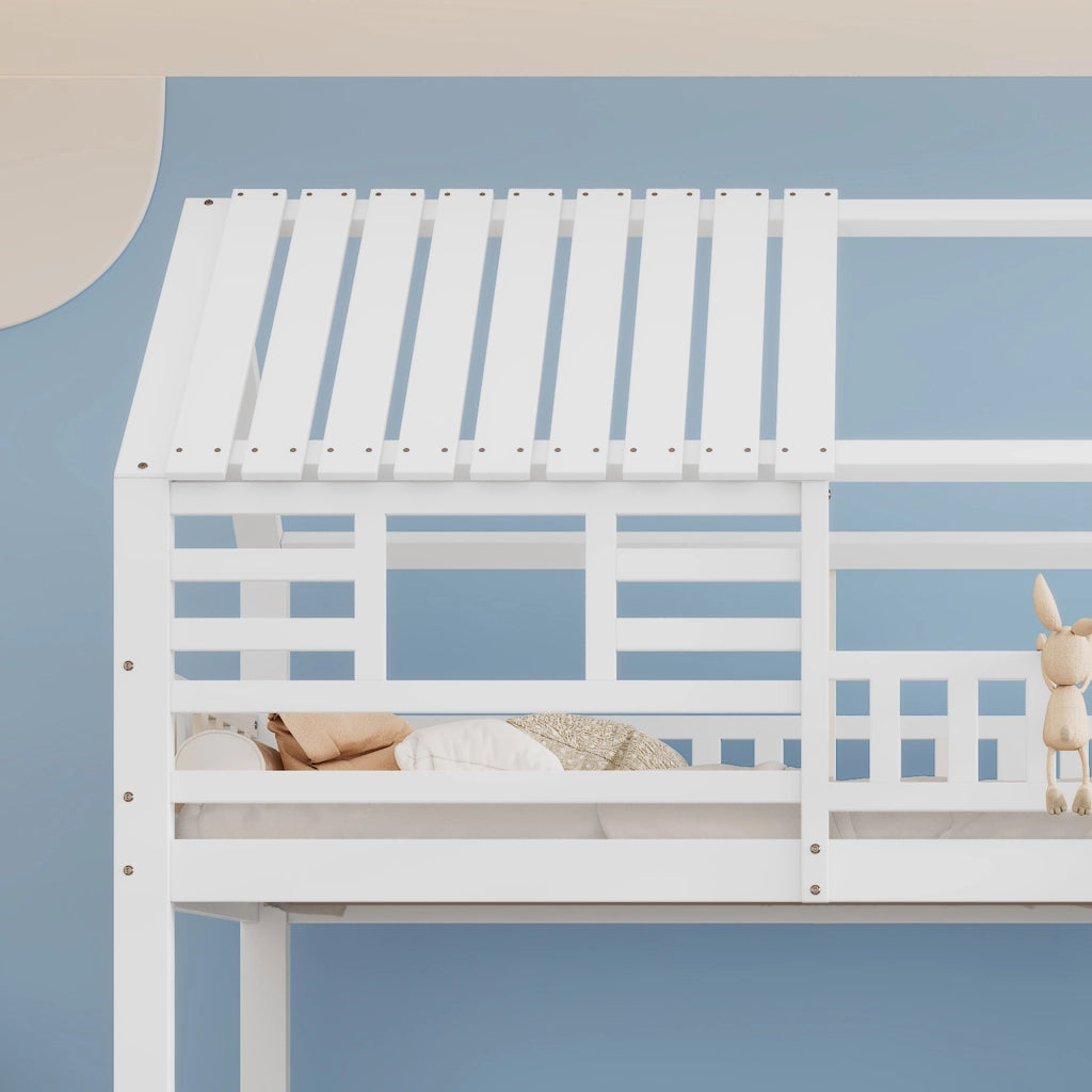 Letto a castello 2 posti 90 × 200 cm con scala contenitore, scivolo e cassetti, senza materasso, bianco