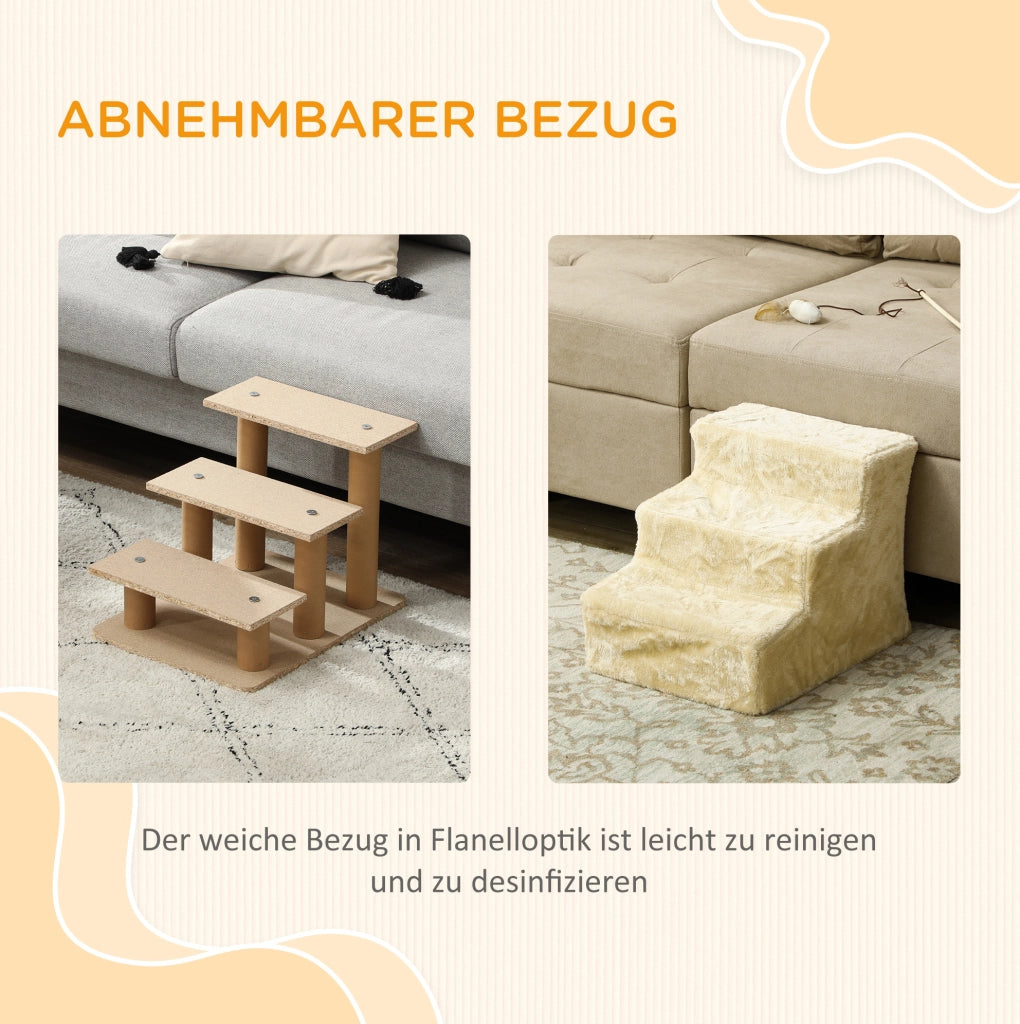 Scaletta per animali 46x35x35 cm beige， 3 gradini in tessuto peluche per letto e divano