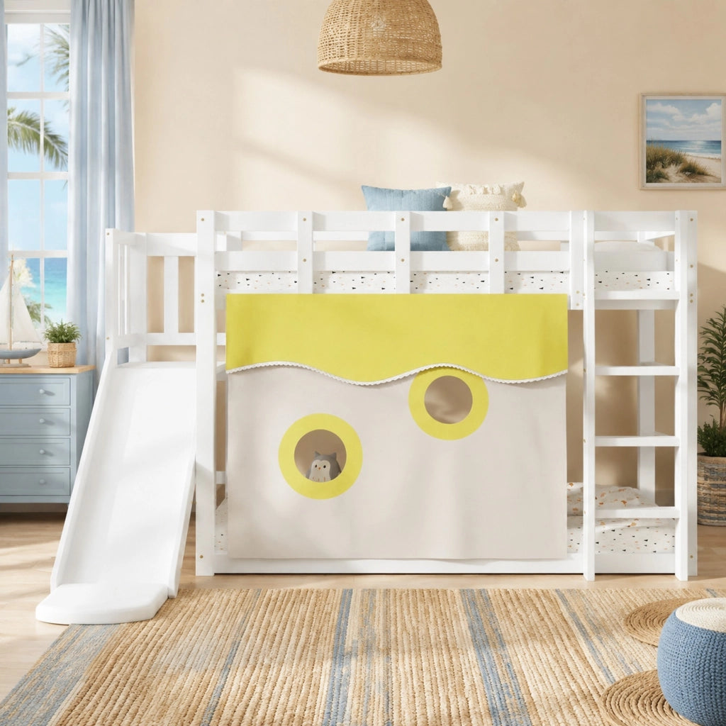 Letto a castello per bambini con scivolo, scala e tende, salvaspazio e funzionale
