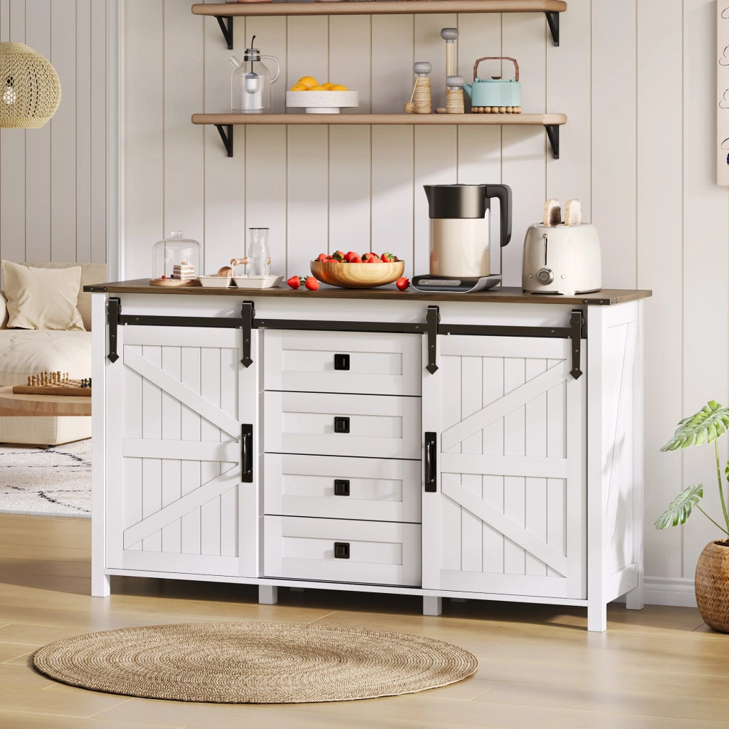 Credenza con 2 ante scorrevoli e 4 cassetti; mobile contenitore in MDF per cucina; sala da pranzo e soggiorno; bianco; 137 × 40 × 81.5 cm