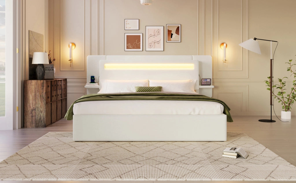 Letto imbottito 140 x 200 cm con contenitore idraulico, comodino integrato e luce LED multicolore beige