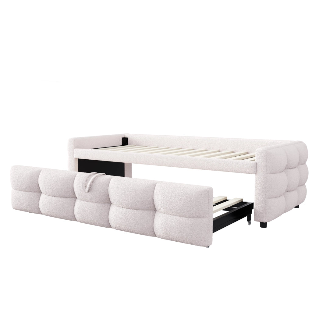 Letto imbottito estraibile 90/180 x 190 cm con rete a doghe; tessuto teddy beige; divano letto salvaspazio