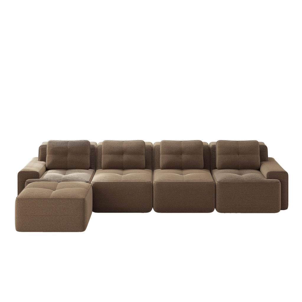 Sofa modulare senza braccioli a L in tessuto di velluto a coste marrone, 4 posti, imbottitura profonda per soggiorno