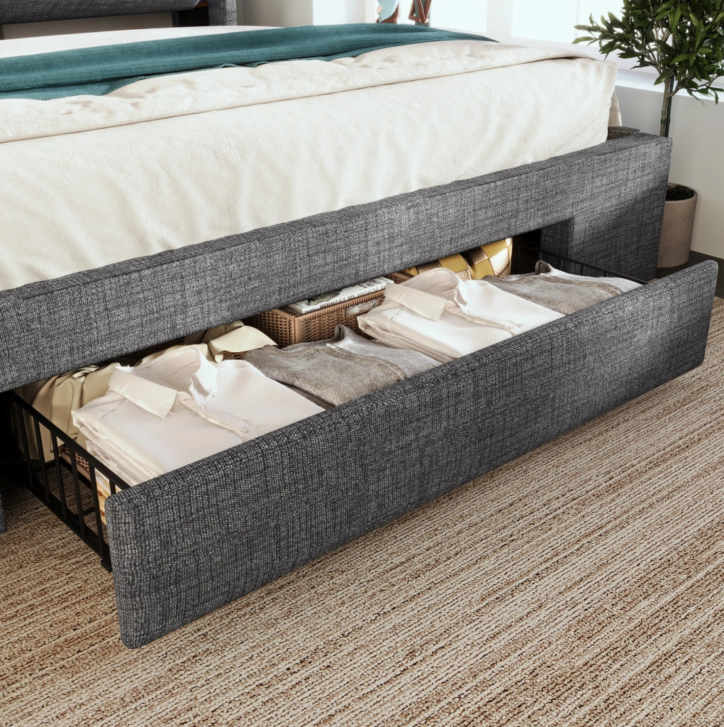 Letto contenitore ULEVR 180x200 cm con vano idraulico, LED, USB e USB-C, testiera con scomparti, grigio