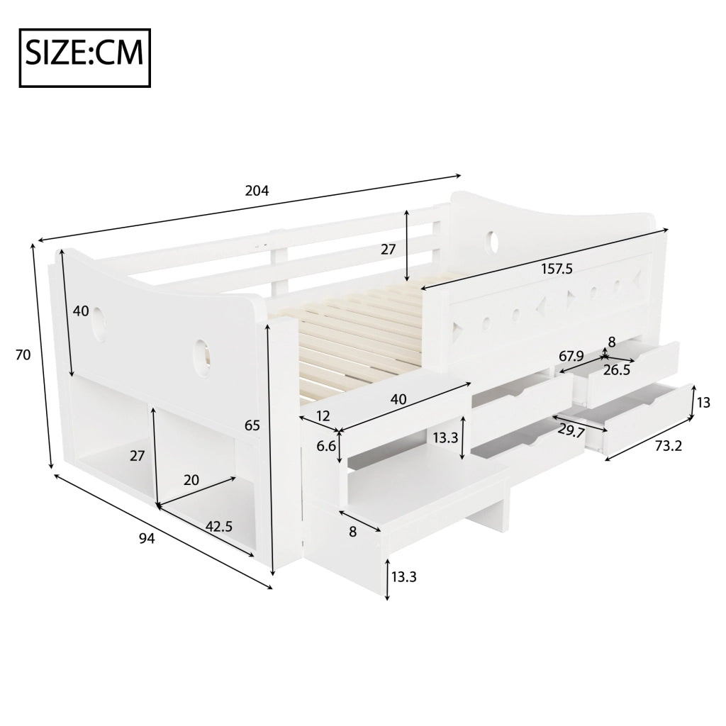 Letto con cassetti 90 × 200 cm con gradini laterali; barriere di protezione; LED; USB e porta Type-C in legno bianco