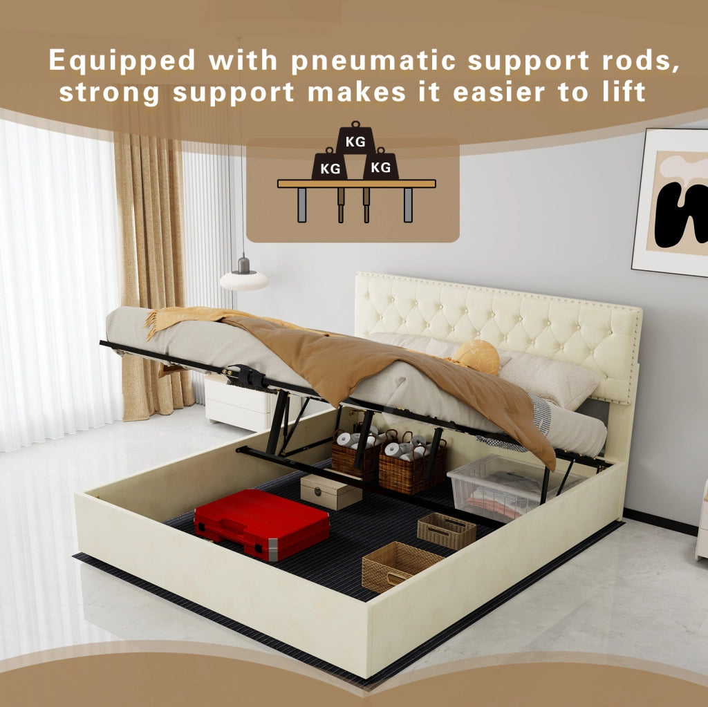 Letto moderno minimalista beige 160x200 cm con contenitore e materasso incluso