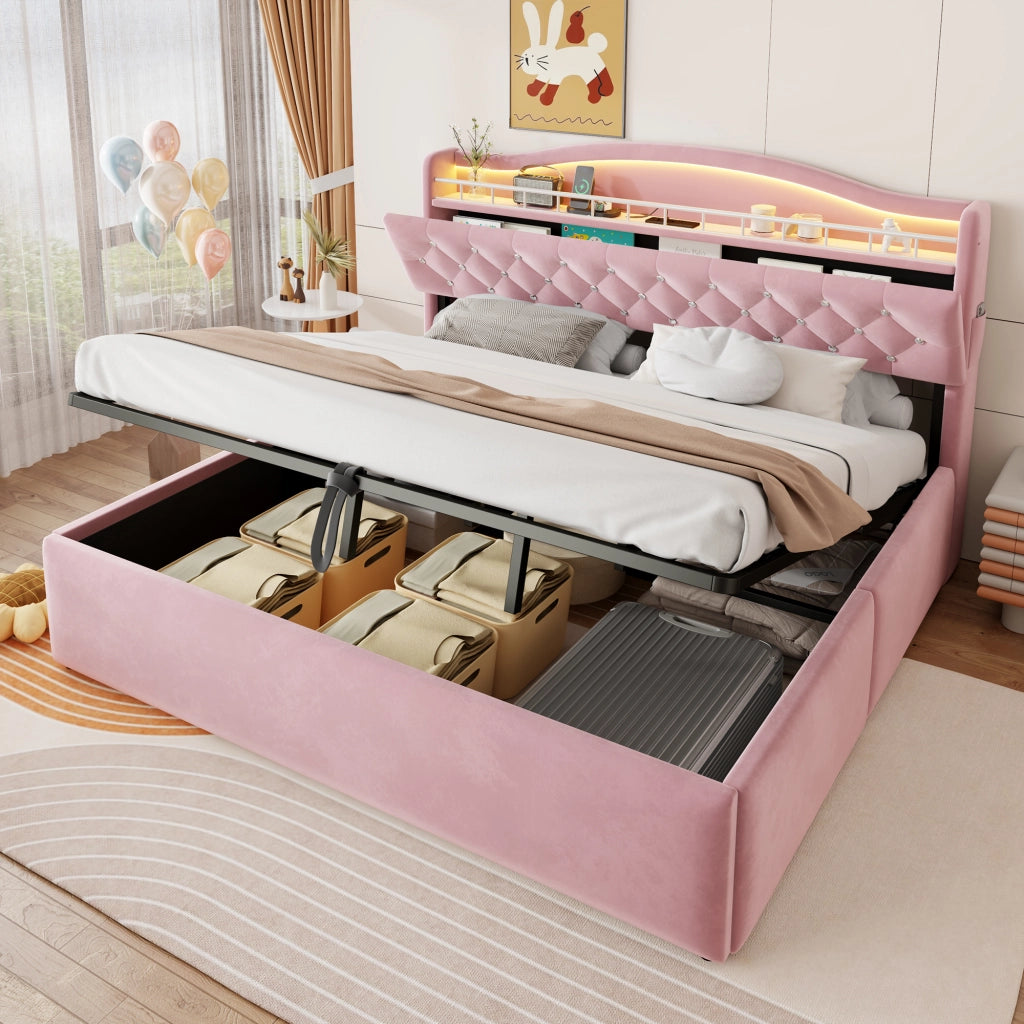 Letto Matrimoniale 180x200 cm con Contenitore Idraulico; Rivestimento in Velluto Rosa e Testiera LED con USB