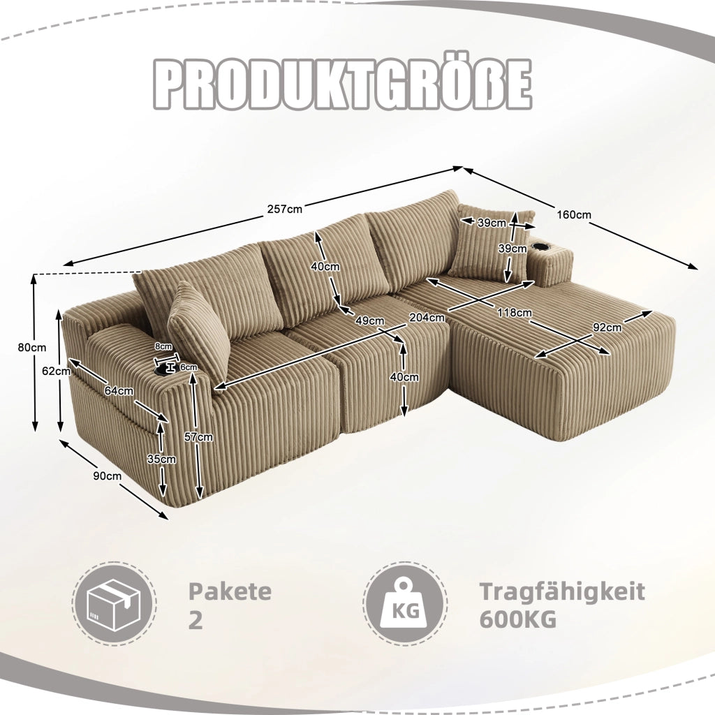 Divano modulare con chaise longue e 2 posti - con tasche laterali e portabicchieri - kaki