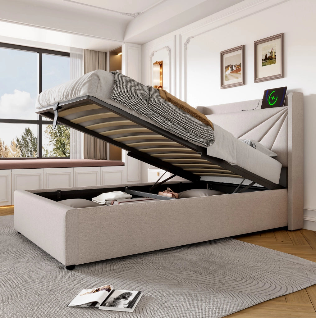Letto singolo con contenitore 90x200 cm; testiera con USB e Type-C; beige
