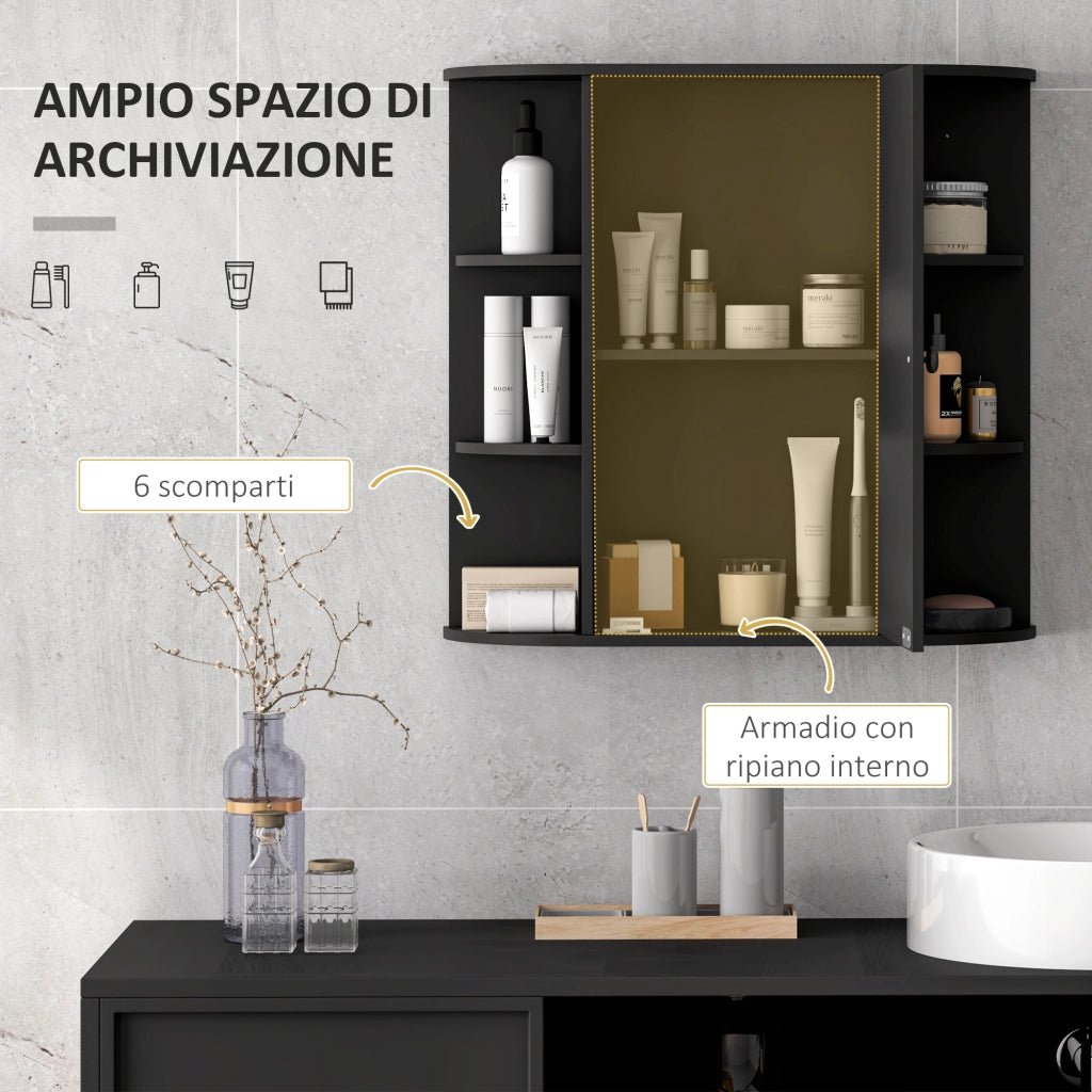 Specchiera Bagno con 6 Ripiani Aperti e 2 Chiusi, in Legno e Vetro, 66x17x63 cm, Nero