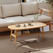 Tavolino basso fisso ovale per soggiorno con ripiano inferiore e finitura legno naturale 120 × 60 × 42 cm