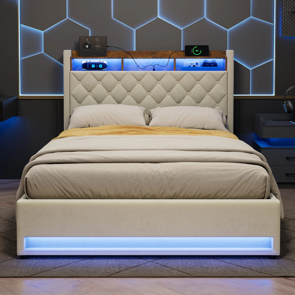 Letto contenitore imbottito 140x200 cm con luce LED; presa elettrica e porta USB; velluto; beige; senza materasso
