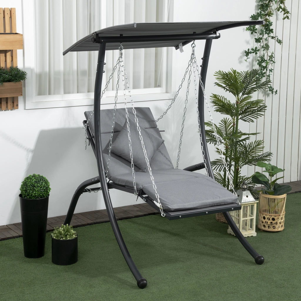 Dondolo da giardino in acciaio grigio scuro con cuscini, tetto regolabile e funzione letto relax