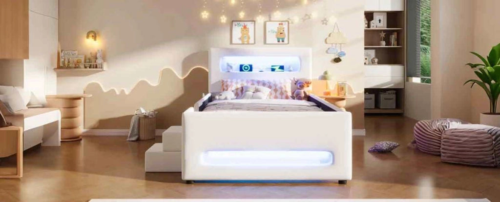Letto piattaforma imbottito 90x200 cm bianco con cassetti, LED, USB e scaletta