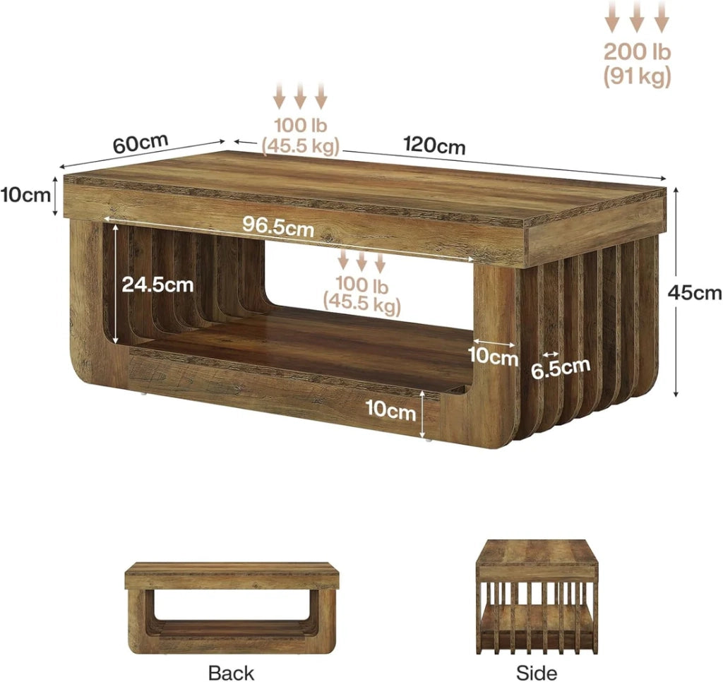 Tavolino da caff¨¨ a 2 ripiani 120x60x45 cm in MDF marrone con ripiano inferiore