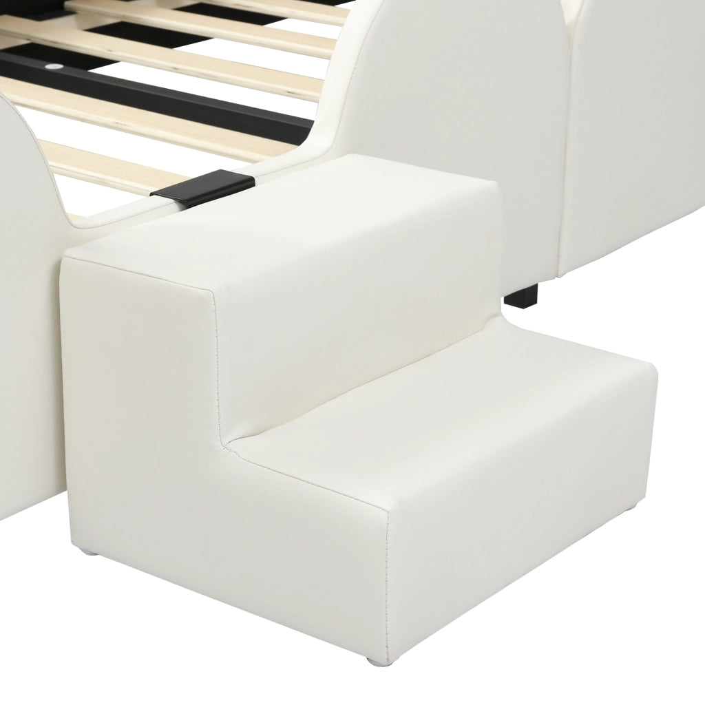 Letto singolo 90 × 200 cm con scivolo e scaletta testiera con orecchie in PU bianco e rosa