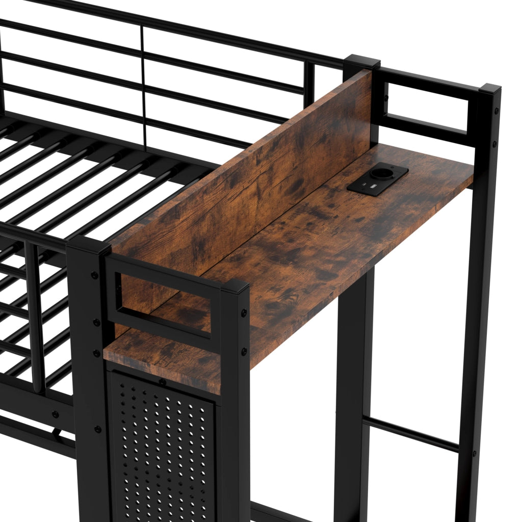 Letto a soppalco 90x200 cm con LED, USB e USB-C in metallo e MDF nero