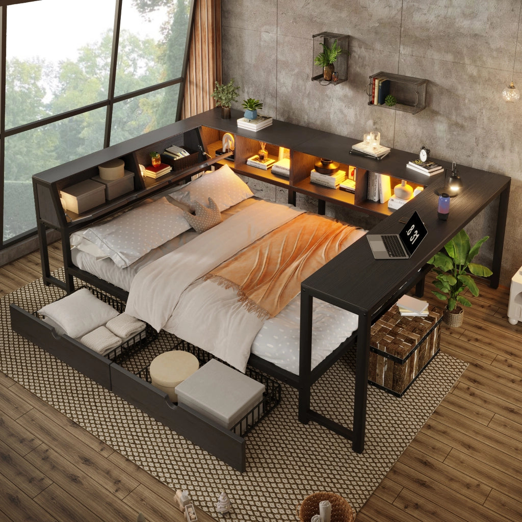 Letto con cassetti 140 × 200 cm con scrivania LED e testiera contenitore in MDF e metallo nero