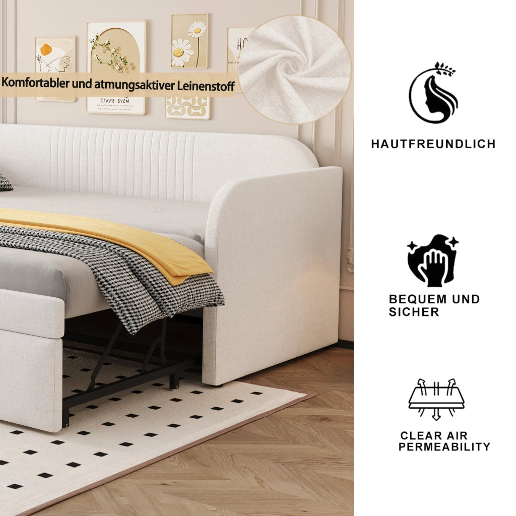 Letto imbottito estraibile singolo 90×190 cm e 180×190 cm con rete; senza materasso; tessuto; beige