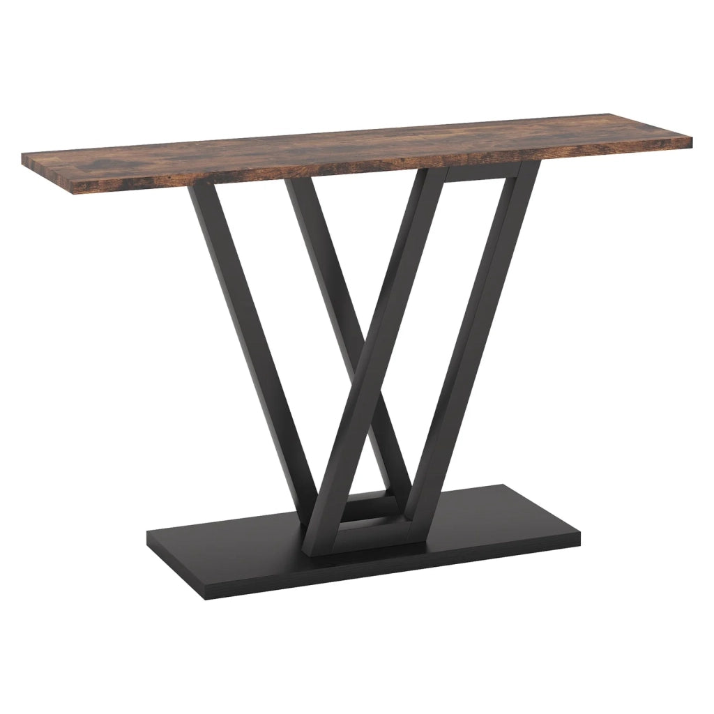 Consolle stretta con gambe metalliche a V piano in MDF struttura in metallo nero marrone rustico 110 × 30 × 80 cm