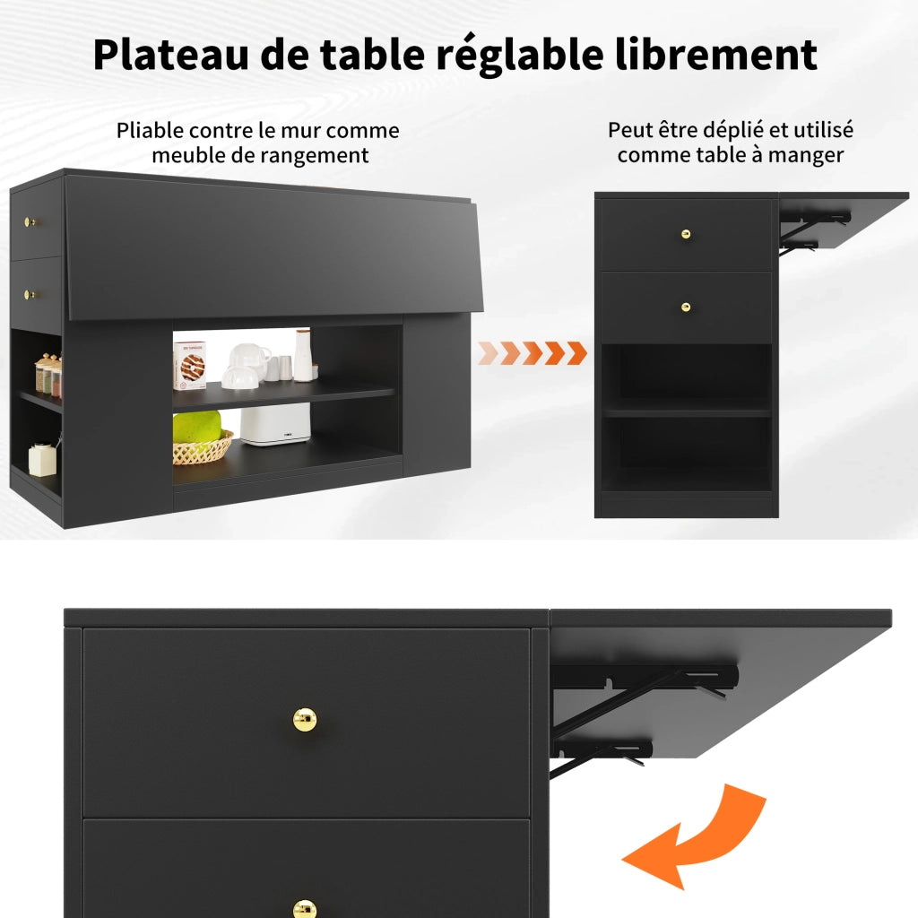 Isola da cucina con piano ribaltabile, 2 ante, cassetti e ripiani regolabili, nera in MDF per cucina, 140 × 40 × 90 cm