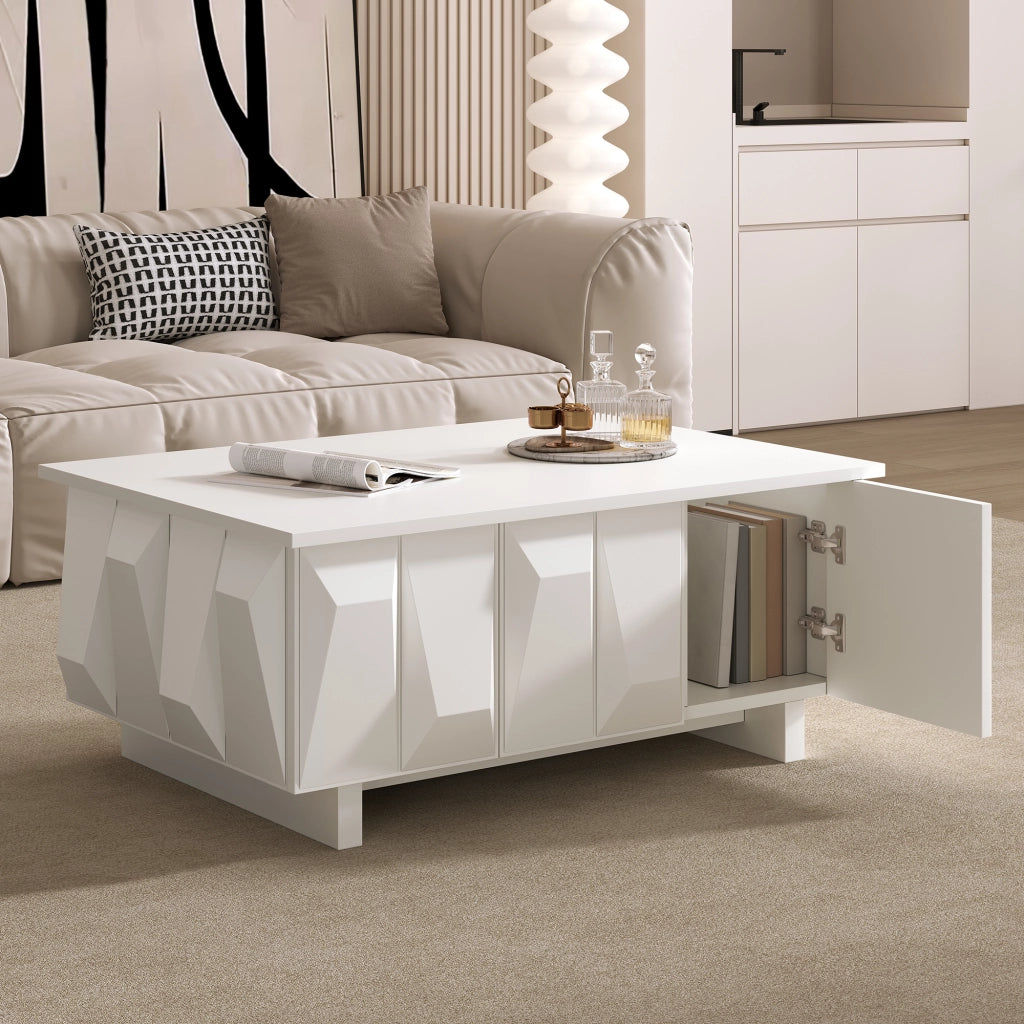 Tavolino basso fisso con 3 ante e frontali 3D in pannello truciolare bianco per soggiorno 95 × 67 × 39.5 cm