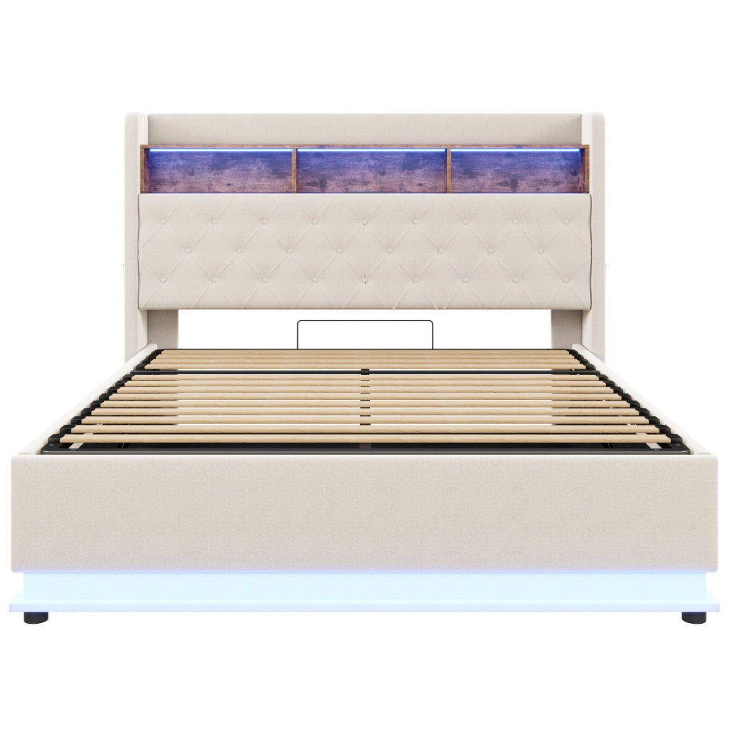 Letto matrimoniale imbottito 180 x 200 cm con luci LED multicolore; vano contenitore idraulico e presa USB; beige