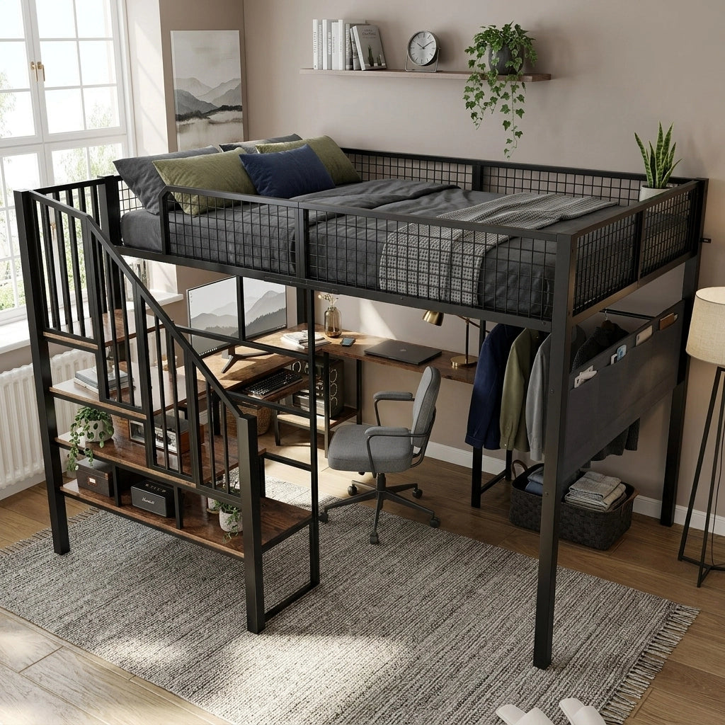 Letto a soppalco 140 x 200 cm in metallo nero con scrivania a L e scala a gradini per cameretta