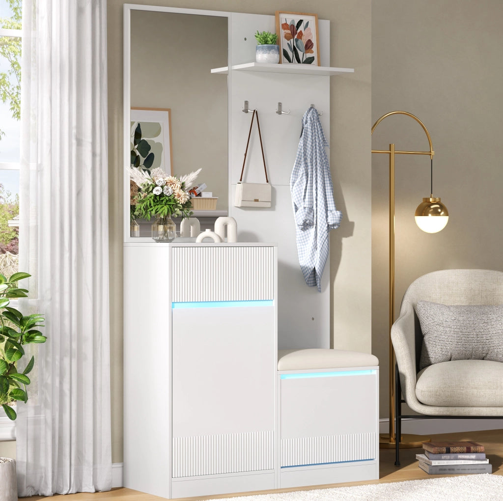 Garderoba compatta bianca con specchio, illuminazione LED e scarpiera integrata, 105x38x190 cm