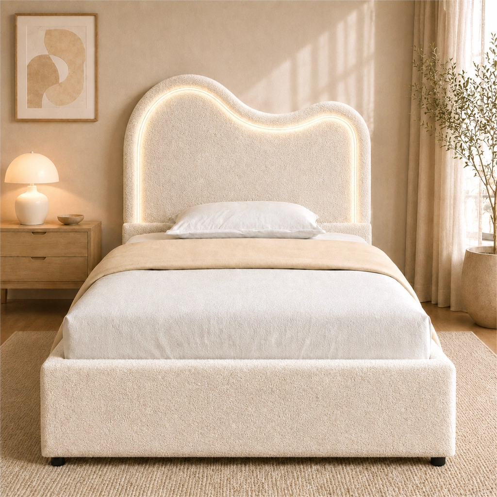 Letto singolo per bambini 90 ¡Á 200 cm con vano contenitore idraulico rete a doghe testiera boucl¨¦ bianco