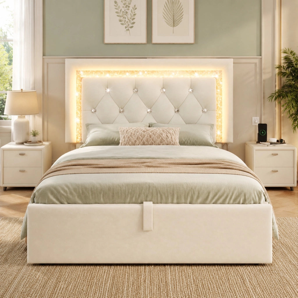 Letto 90x200 cm in velluto beige con LED, USB, Type-C e contenitore idraulico