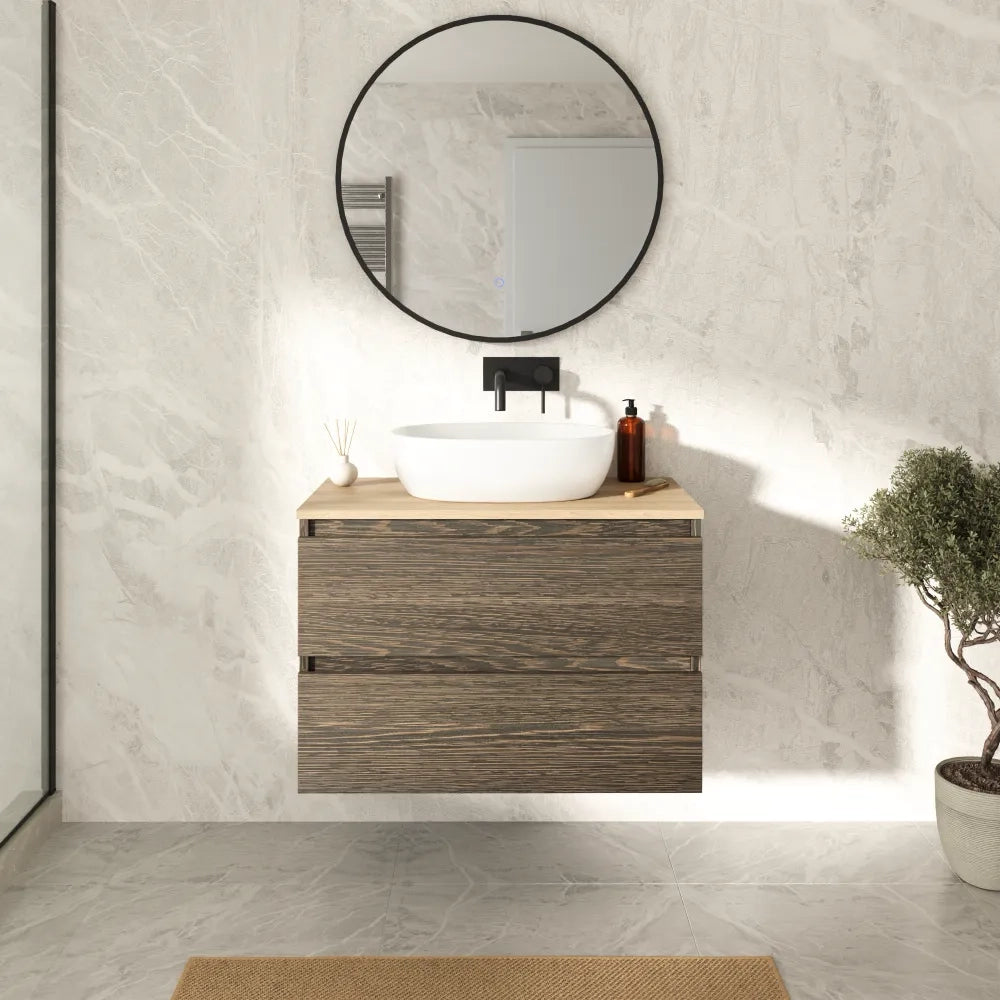 Mobile bagno sospeso 100cm due cassetti rovere scuro con top rovere chiaro | Hexa
