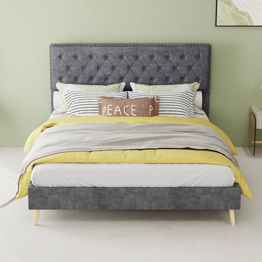 Letto imbottito 140 × 200 cm con testiera alta rivestito in velluto olandese grigio con rete a doghe
