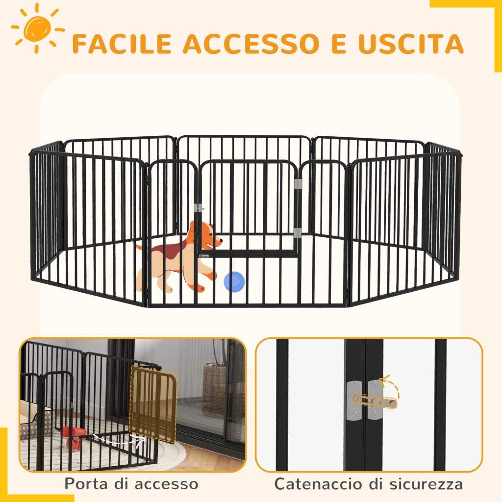 Recinto per Cani a 8 Pannelli Modulabili da Interno ed Esterno, in Acciaio, 164x164x60 cm, Nero