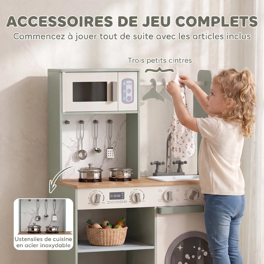 Cucina Giocattolo per Bambini Gioco d'Imitazione con Lavello Microonde e 5 Accessori Verde Pratico per Casa