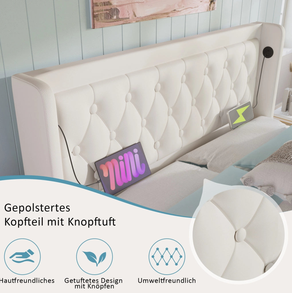 Letto matrimoniale 160x200 cm con contenitore; LED e USB-C; in PU bianco